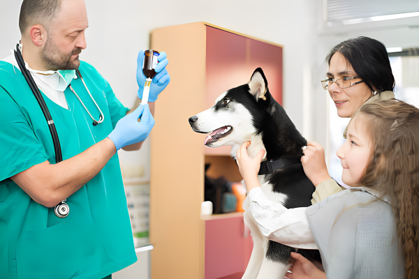 Vet prepares syringe as woman and girl hold Husky