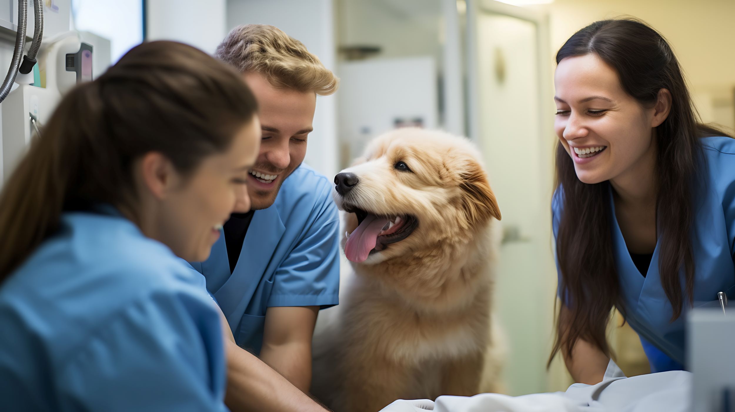 A group of veterinarians examines the dog